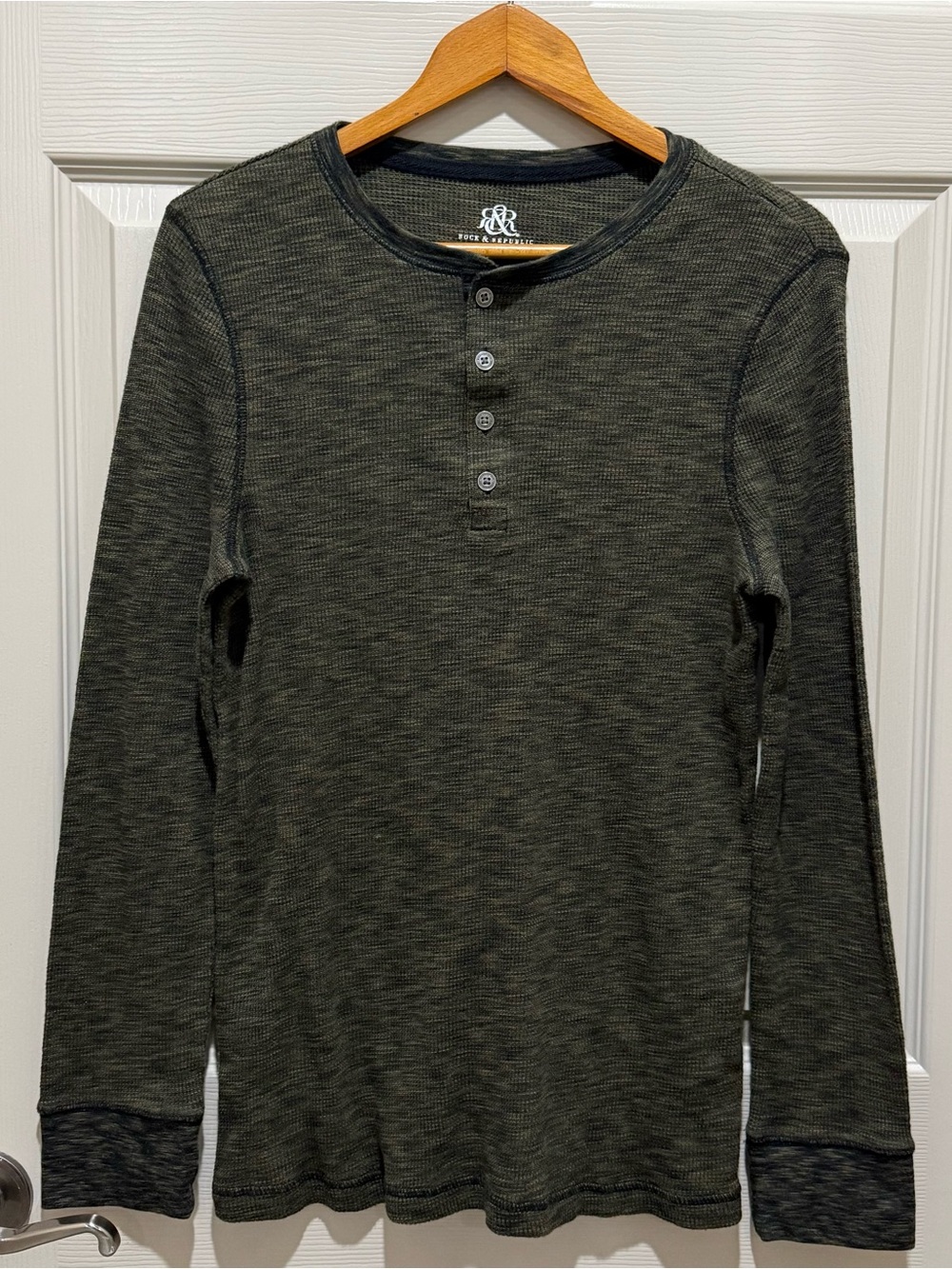 Rock & Republic Henley Shirt Mens Large Olive Green Waffle Thermal LongSleeve⁠